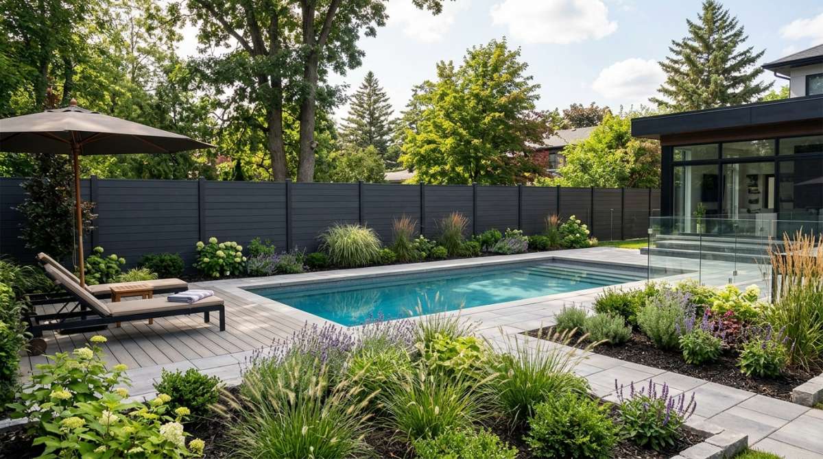 Clôture moderne en composite foncé délimitant un jardin paysager avec piscine Clôture moderne en composite foncé délimitant un jardin paysager avec piscine