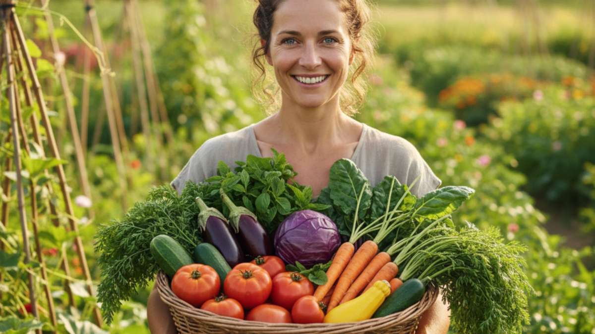 Femme portant un panier de légumes frais
