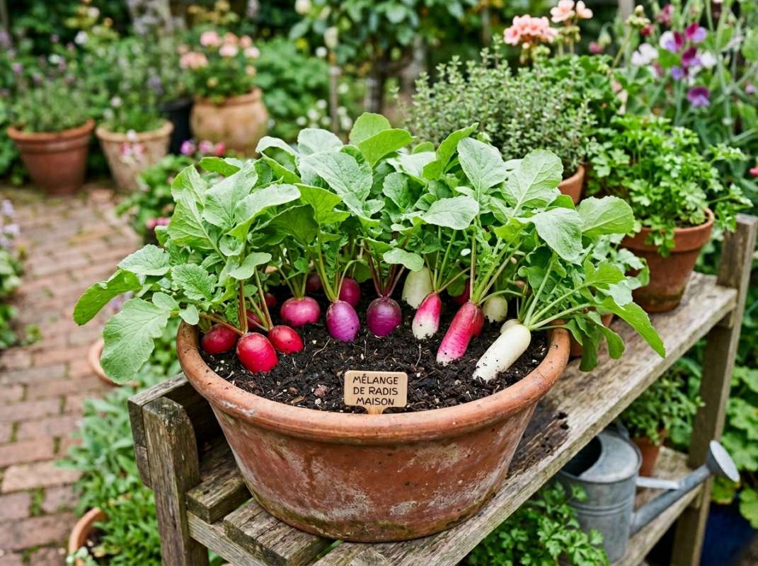 Mélange de radis variés en pot