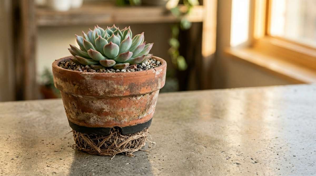 succulente Echeveria dont les racines sortent du pot en terre cuite