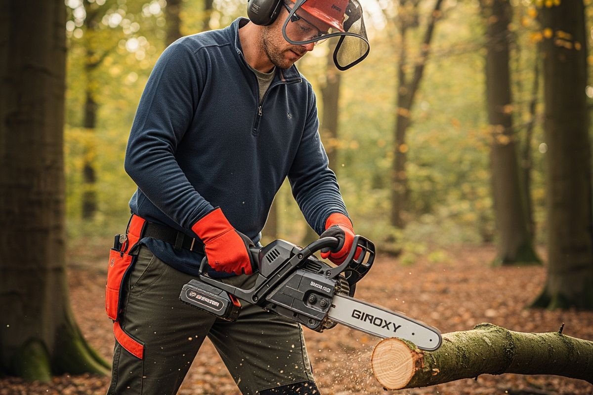homme utilisant une tronçonneuse à batterie