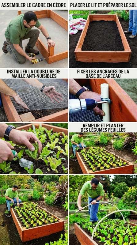 Détail structure carrée potager avec fixations Fabrication d'un carré potager avec tubes latéraux pour arceaux de bâche