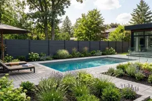 Clôture moderne en composite foncé délimitant un jardin paysager avec piscine