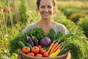 Femme portant un panier de légumes frais
