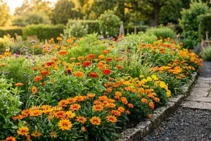 Parterre de fleurs orange au jardin