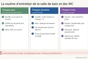 Schéma de la routine d'entretien de la salle de bain et des WC : gestes de chaque jour, de chaque semaine et de chaque mois