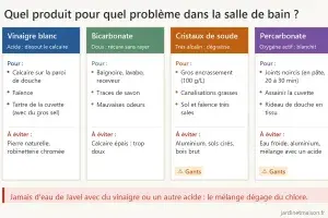 Tableau récapitulatif : usages et précautions du vinaigre blanc, du bicarbonate, des cristaux de soude et du percarbonate dans la salle de bain